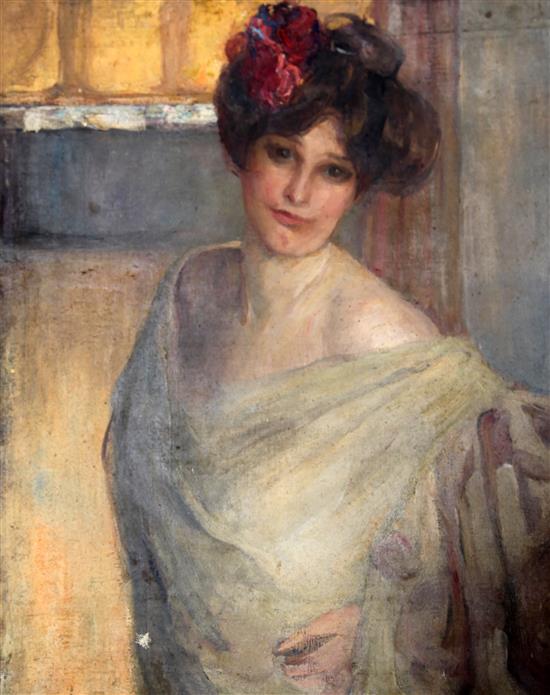Albert de Belleroche (1864-1944) Portrait of a young lady with flowers in her hair 32 x 26in.
